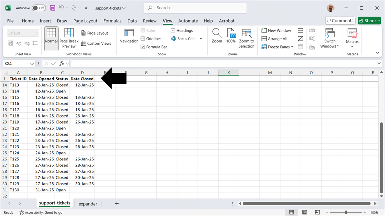 Excel of support tickets with open and close date